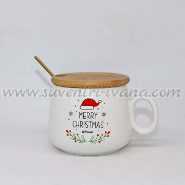 чаша коледна шапка Merry Christmas с бамбуково капаче и лъжичка