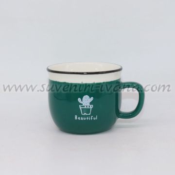 тъмнозелена керамична чаша с кактус и надпис Beautiful