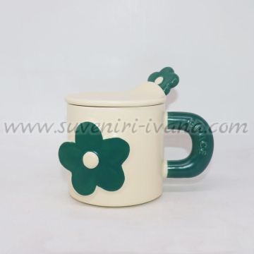 Керамична чаша с капаче и лъжичка – зелено цвете