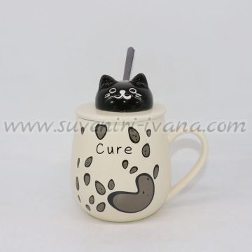 керамична чаша с капаче коте и лъжичка