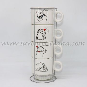комплект 4 чаши с котки и метална стойка