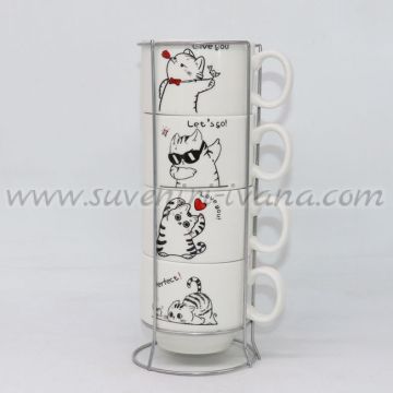 комплект 4 чаши с котки и метална стойка