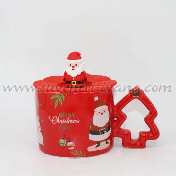 червена коледна чаша с капаче и дръжка коледна елха