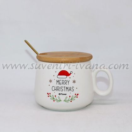 чаша коледна шапка Merry Christmas с бамбуково капаче и лъжичка