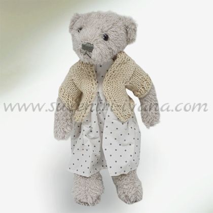 плюшено мече с бяла рокля на точки и плетена жилетка