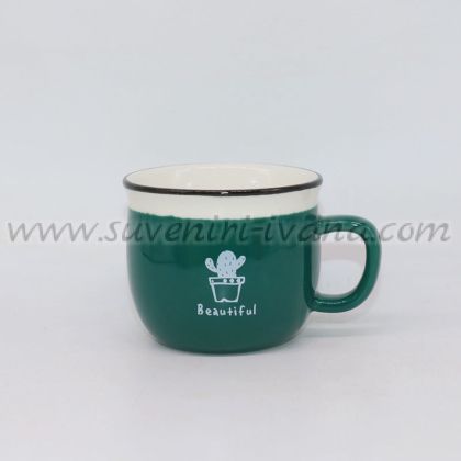 тъмнозелена керамична чаша с кактус и надпис Beautiful