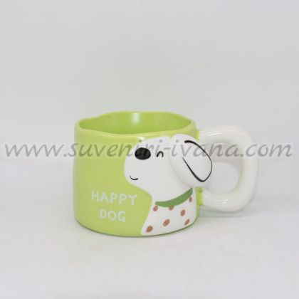 светлозелена керамична чаша с куче и надпис Happy Dog