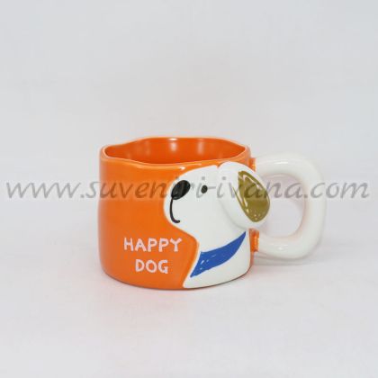 оранжева керамична чаша с куче и надпис Happy Dog