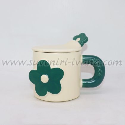 Керамична чаша с капаче и лъжичка – зелено цвете