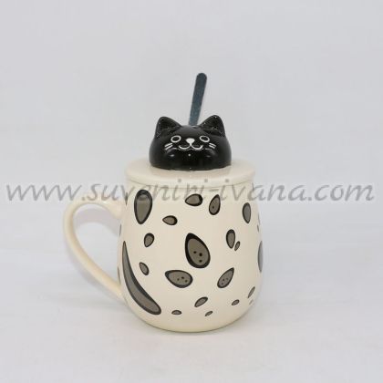 Керамична чаша с капаче коте и лъжичка