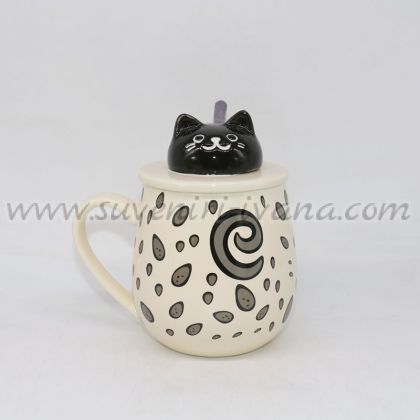 керамична чаша с капаче коте и лъжичка