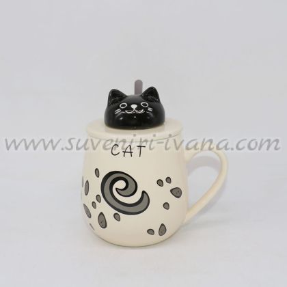 керамична чаша с капаче коте и лъжичка