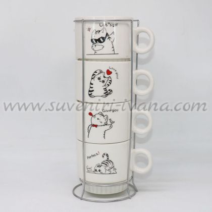 комплект 4 чаши с котки и метална стойка