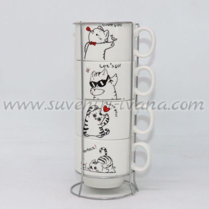 комплект 4 чаши с котки и метална стойка