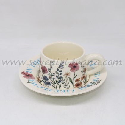 комплект керамична чаша с чинийка на цветя