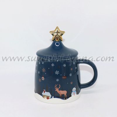 тъмносиня коледна чаша с капаче и бъркалка