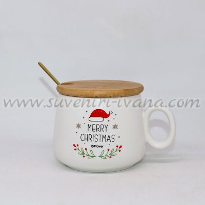 чаша коледна шапка Merry Christmas с бамбуково капаче и лъжичка