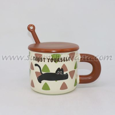 Керамична чаша с коте „Trust Yourself“ – комплект с капаче и лъжичка