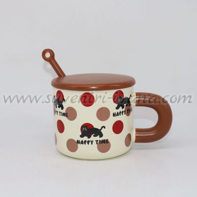 Керамична чаша с коте „Happy Time“ – комплект с капаче и лъжичка