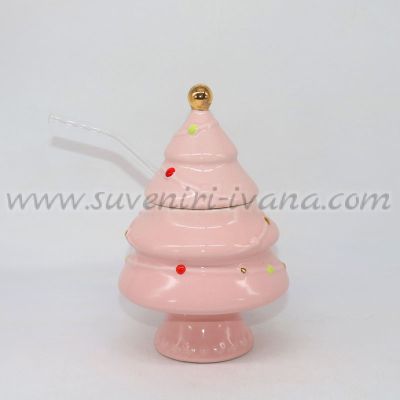 коледна чаша розова елха с капак и стъклена сламка