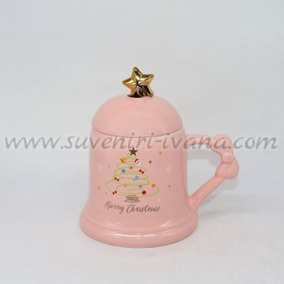 Коледна розова чаша с капак и лъжичка – Merry Christmas