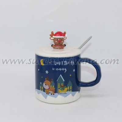 тъмносиня коледна чаша с еленче плюс капаче и лъжичка