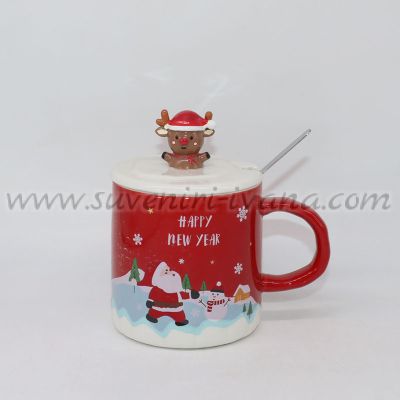 червена коледна чаша с еленче плюс капаче и лъжичка