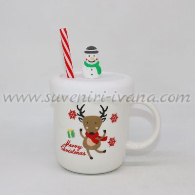 коледна чаша с еленче и снежен човек плюс капаче и сламка