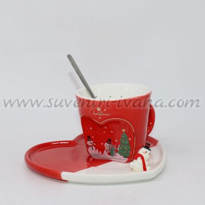 коледен комплект чаша с чинийка сърце и снежен човек