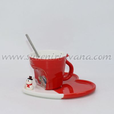 коледен комплект чаша с чинийка сърце и снежен човек