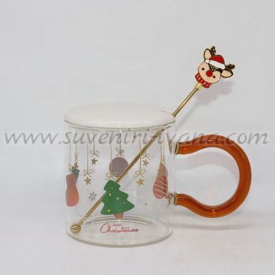 стъклена чаша с коледен дизайн, капаче и бъркалка