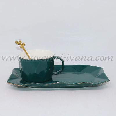 комплект чаша с чинийка и лъжичка – тъмнозелен