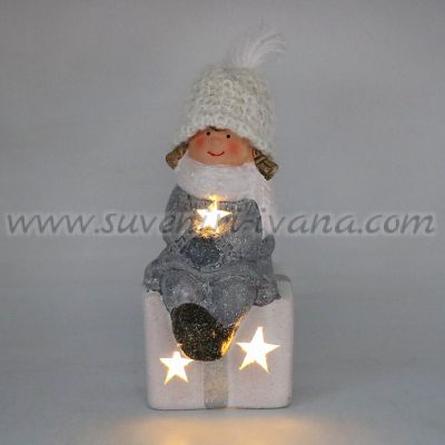 светеща коледна фигурка дете с подарък с LED лампичка