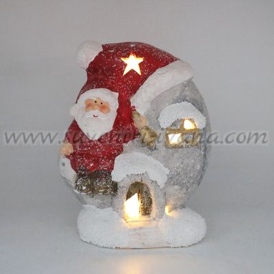 Светеща коледна фигурка – Дядо Коледа с къщичка с LED осветление