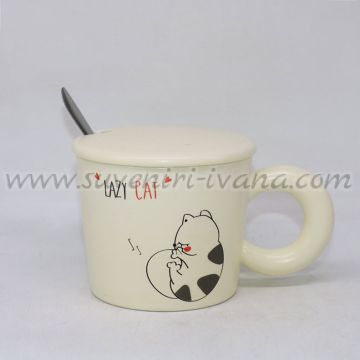 чаша с котка „Lazy Cat“ с капаче и лъжичка