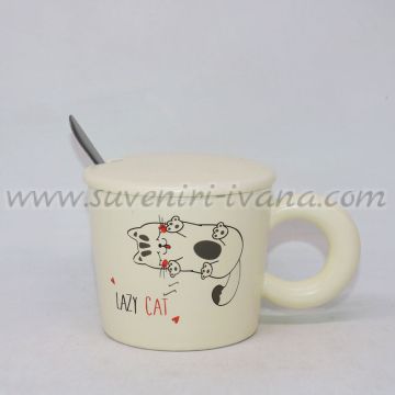 чаша с котка „Lazy Cat“ с капаче и лъжичка