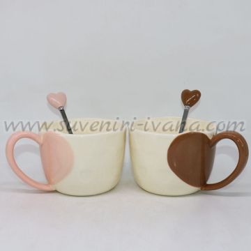 романтичен комплект чаши със сърца - кафяво и розово