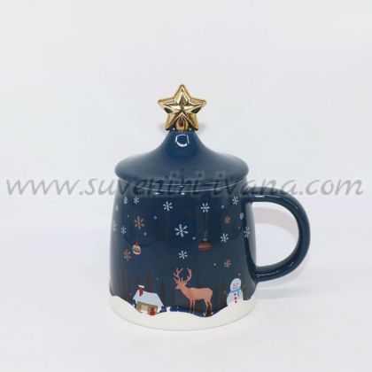 тъмносиня коледна чаша с капаче и бъркалка