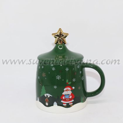 тъмнозелена коледна чаша с капаче и бъркалка