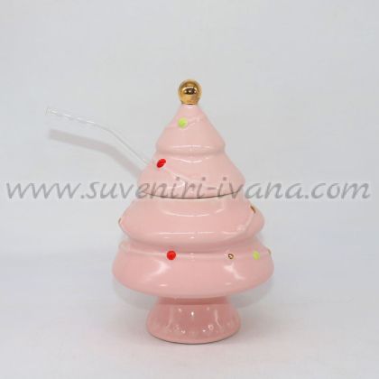 коледна чаша розова елха с капак и стъклена сламка