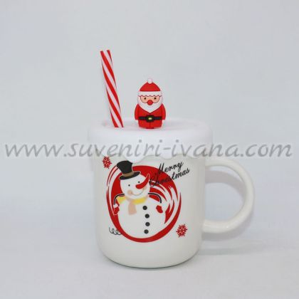 коледна чаша с дядо Коледа и снежен човек плюс капаче и сламка