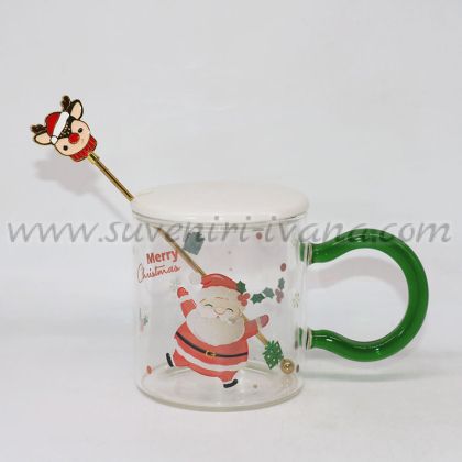 стъклена чаша с коледен дизайн, капаче и бъркалка