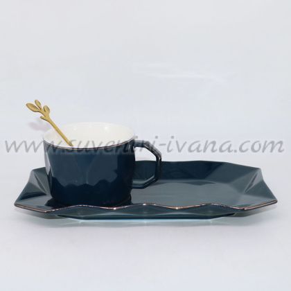 комплект чаша с чинийка и лъжичка – тъмносин