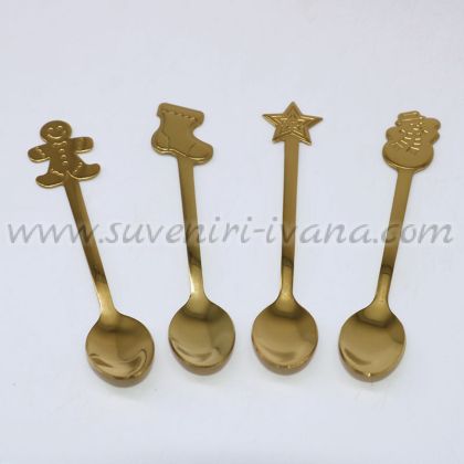комплект златисти коледни лъжички с празнични фигурки