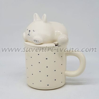 керамична чаша с капаче коте и лъжичка