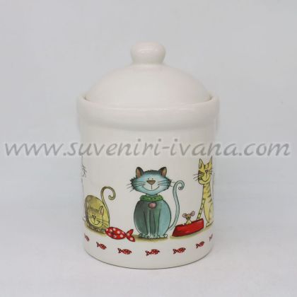 керамичен буркан с капак и декорация котки