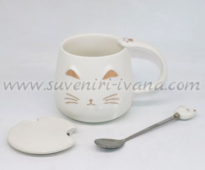 чаша бяла котка с капаче и лъжичка