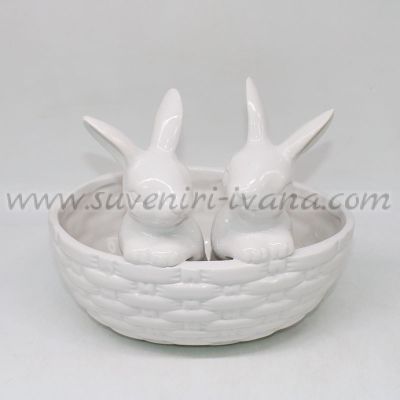 керамична кошница/панерче с две зайчета