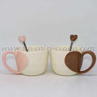 романтичен комплект чаши със сърца - кафяво и розово