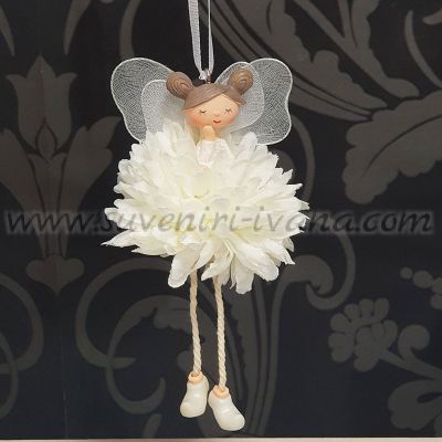 Висящо декоративно ангелче с бяла рокля и крила – фигурка за окачване